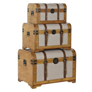 Trunk Set 3 Wood Canvas Brown Beige
