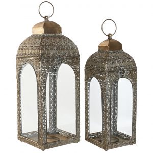 Set of 2 Metal & Glass Lanterns Gold Decape 