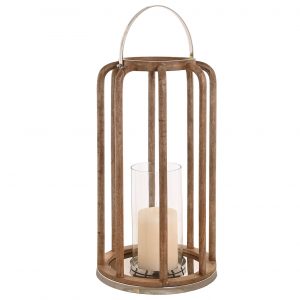 Modern Lantern Mango Wood & Glass Candle Holder – Brown & Silver 