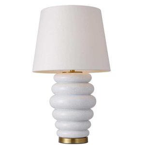 White Ceramic & Cotton Table Lamp with Gold Discs